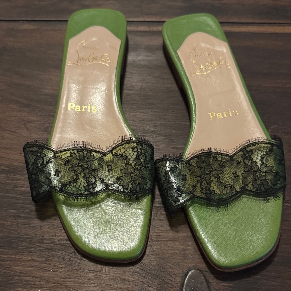 Christian Louboutin Green Lace Slide Sandals